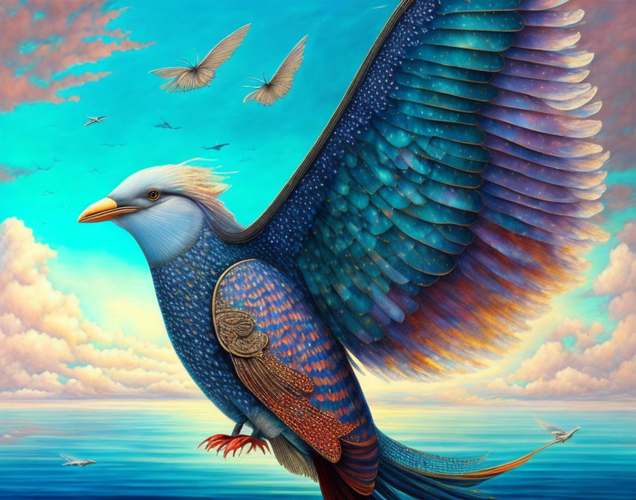 Colorful Fantasy Painting of Large Bird Soaring in Surreal Sky