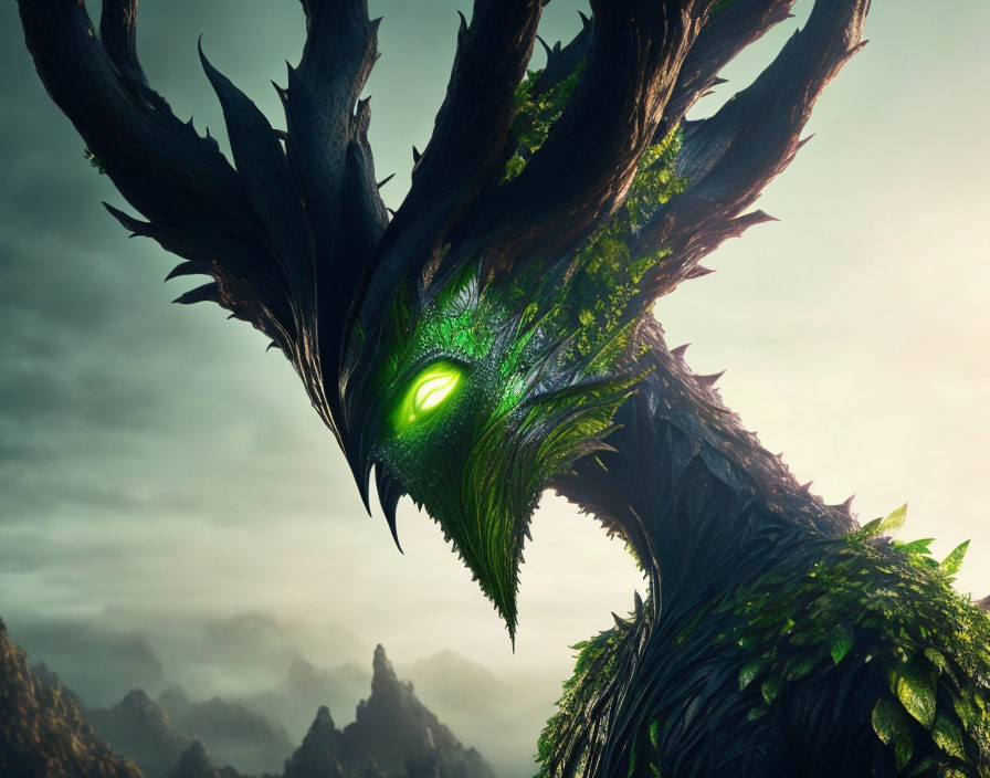 Majestic dragon-like creature with glowing green eyes in misty mountain scene