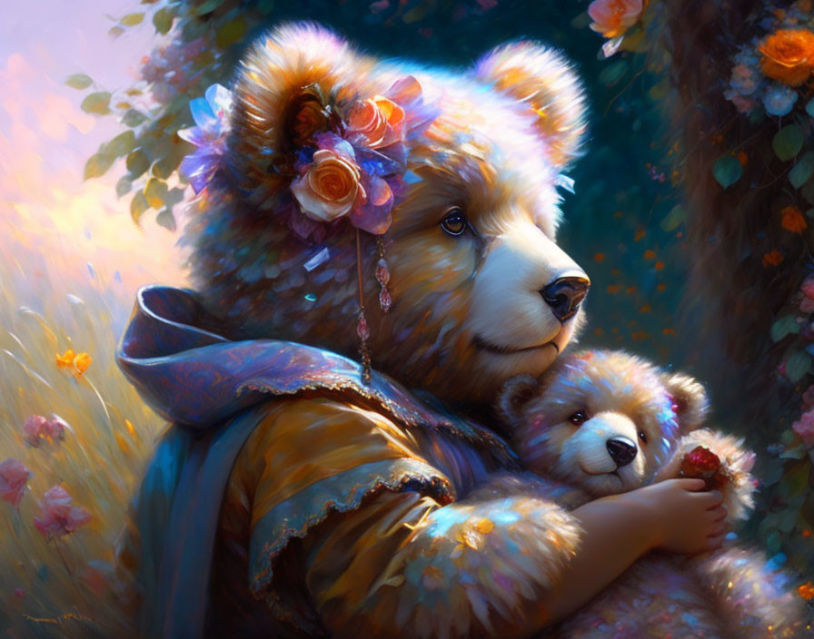 Colorful Illustration of Anthropomorphic Bear in Ornate Clothing with Floral Background