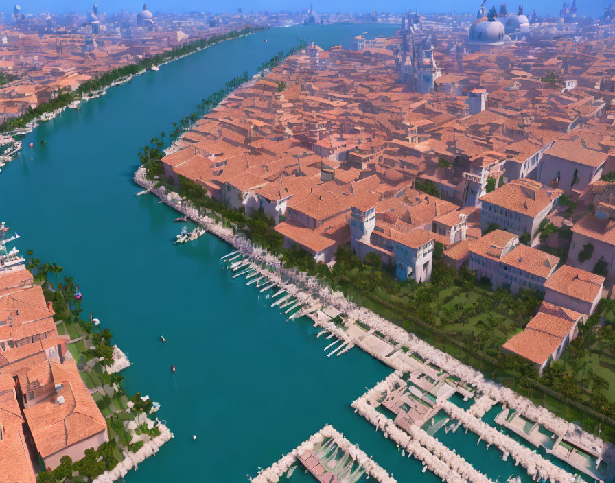 Canal in Historic Cityscape with Terracotta Rooftops and Domes