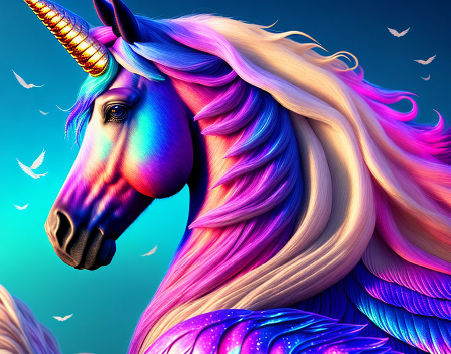 Colorful unicorn art with multicolored mane on blue background