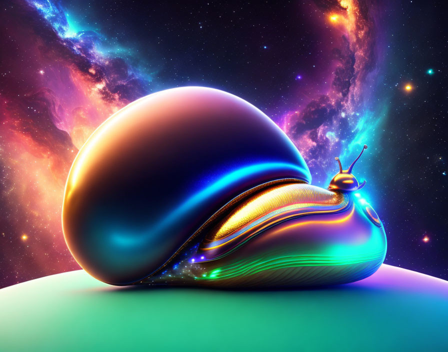 Colorful digital artwork: Glossy metallic snail in cosmic nebulae.