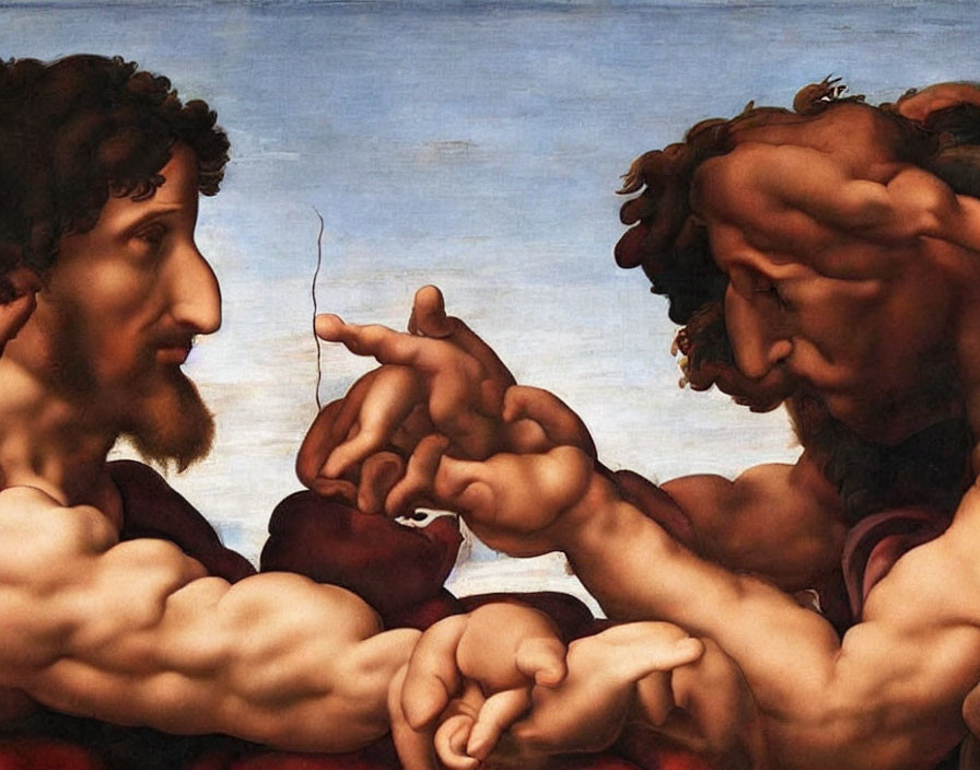 Classical painting of two muscular men touching fingers