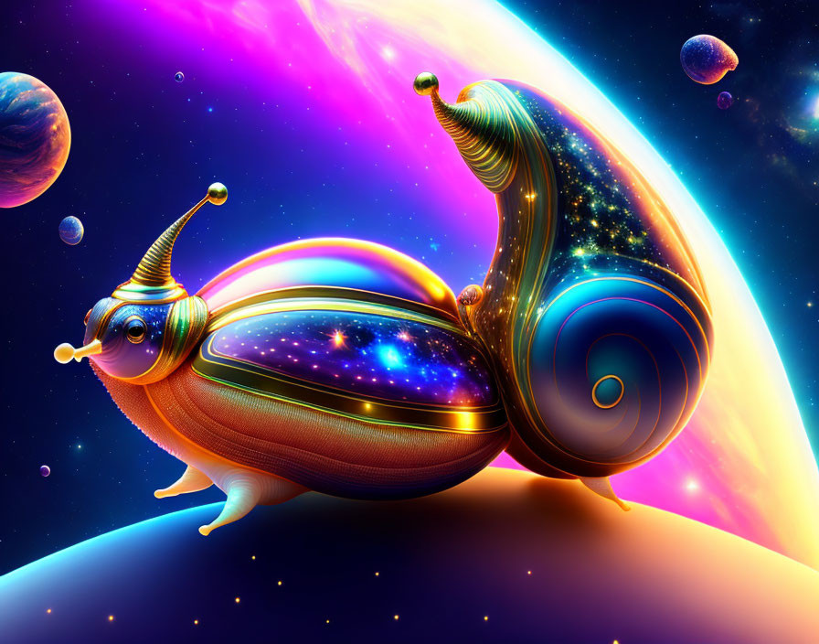 Colorful surreal illustration of metallic snail in cosmic space