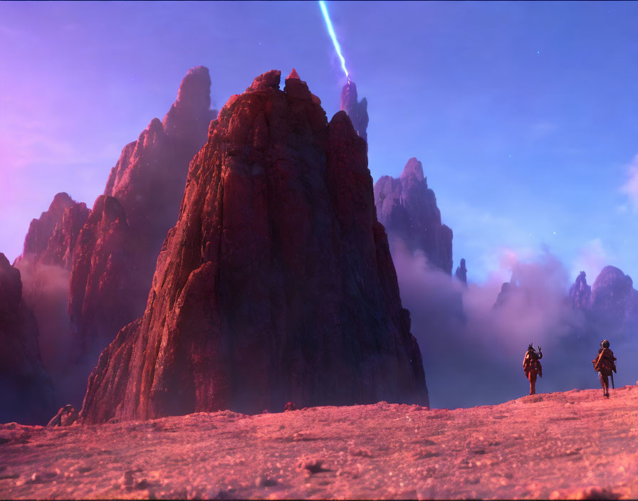 Two figures under purple sky and red mountains with piercing light.