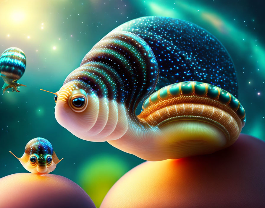 Colorful Snail Artwork with Cosmic Shells and Glowing Details