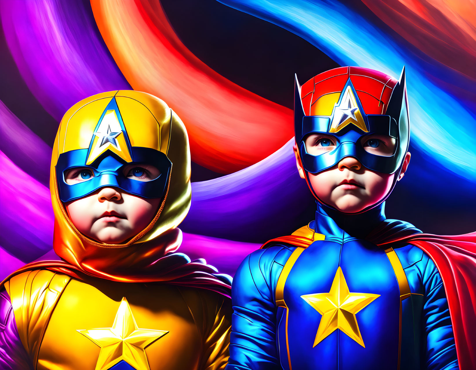 Children in superhero costumes against cosmic backdrop