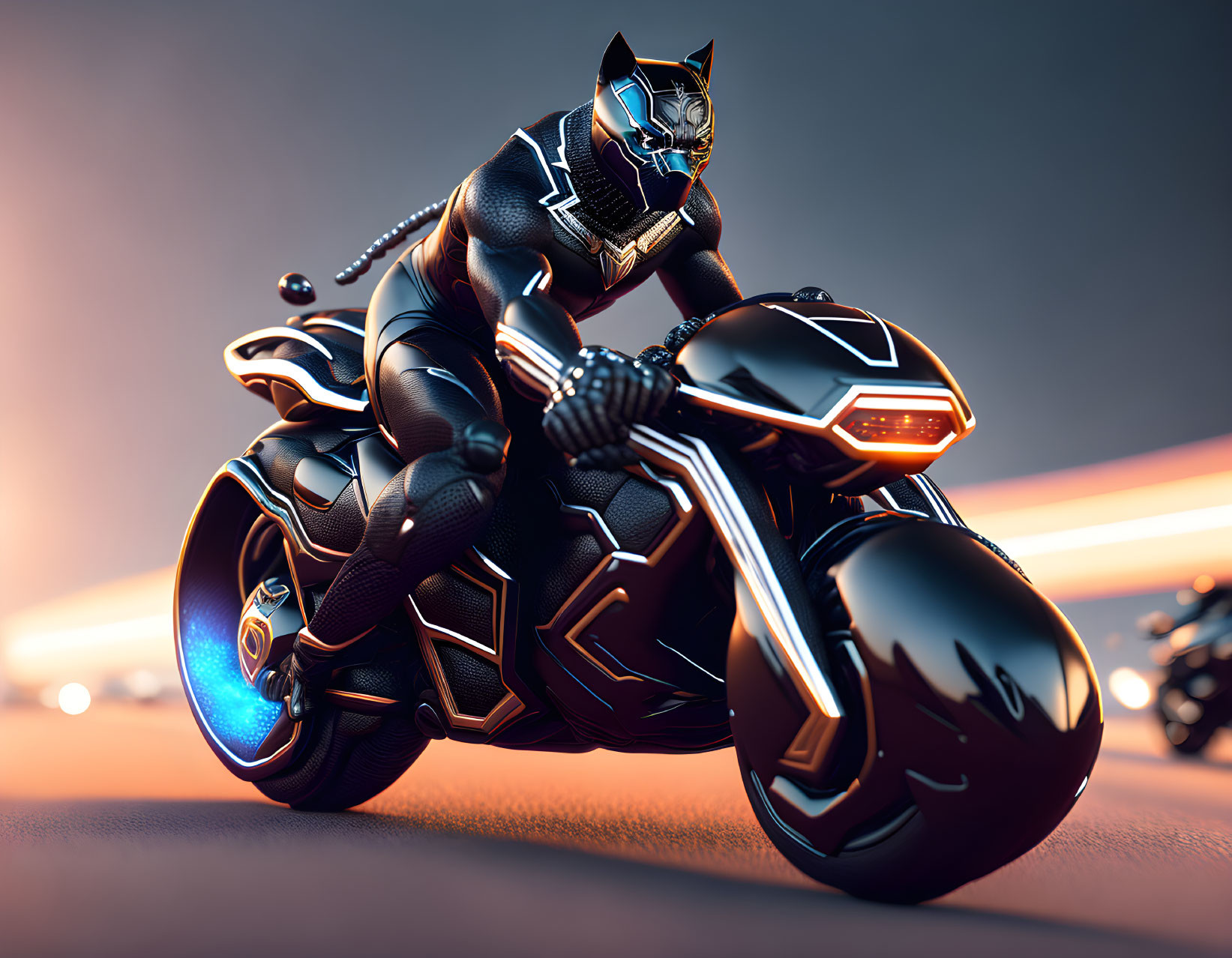 Futuristic black-clad motorcyclist with cat-themed helmet rides glowing modern motorcycle in neon-l