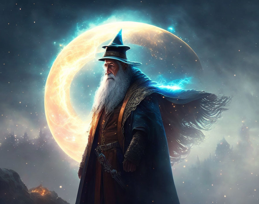 Majestic wizard with long beard and pointed hat casting blue energy under glowing moon