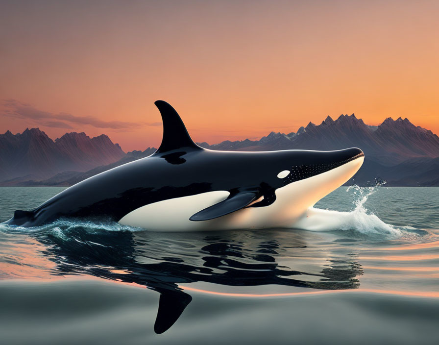 Orca leaping in front of sunset-lit mountains