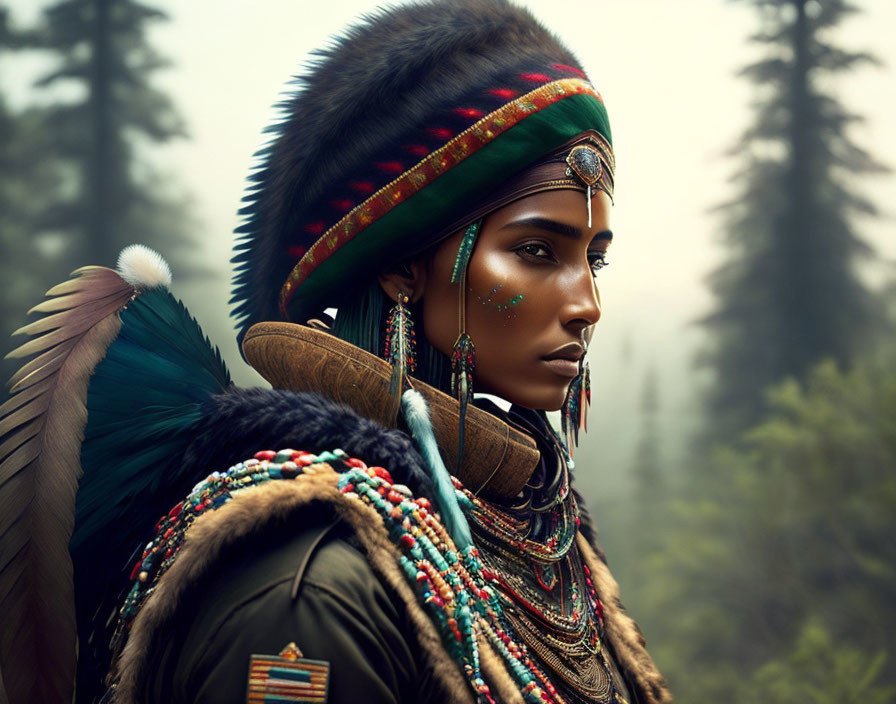 Elaborate Native American-inspired attire with beadwork and feathers in misty forest.