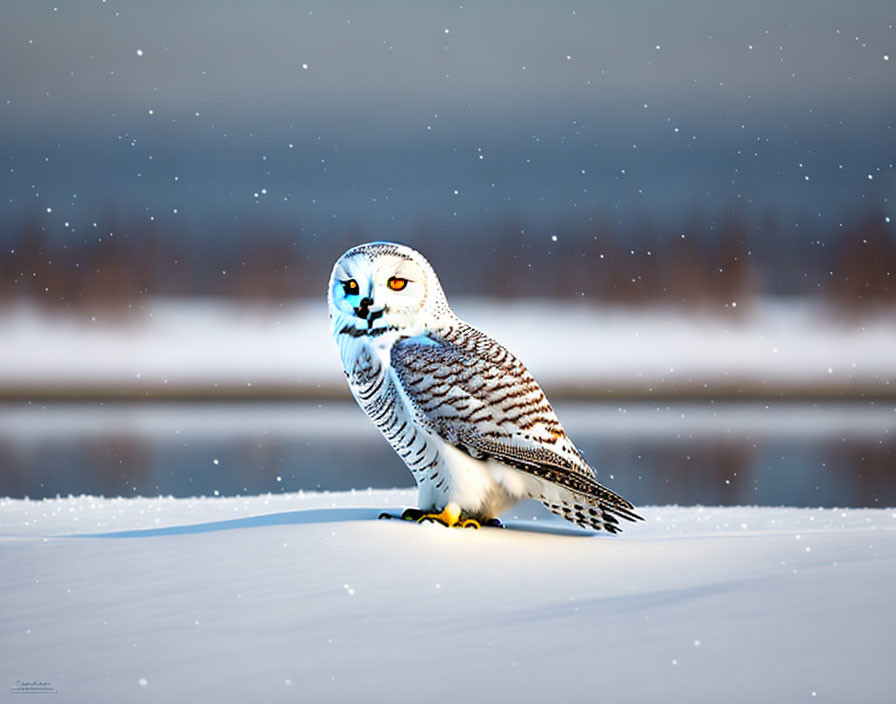 Snowy Owl Standing in Snowy Landscape with Light Snowfall