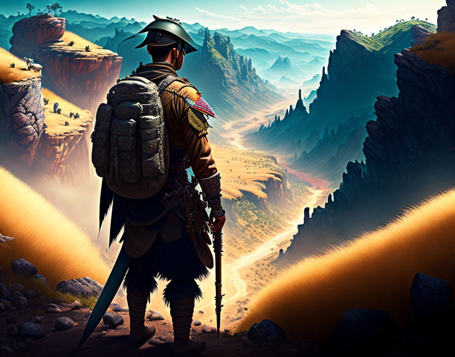 Soldier with backpack and rifle in vast canyon landscape with rocky outcrops and distant mountains.