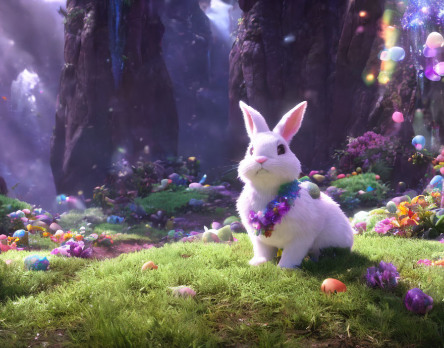 White rabbit with purple floral necklace in vibrant forest with eggs and bubbles