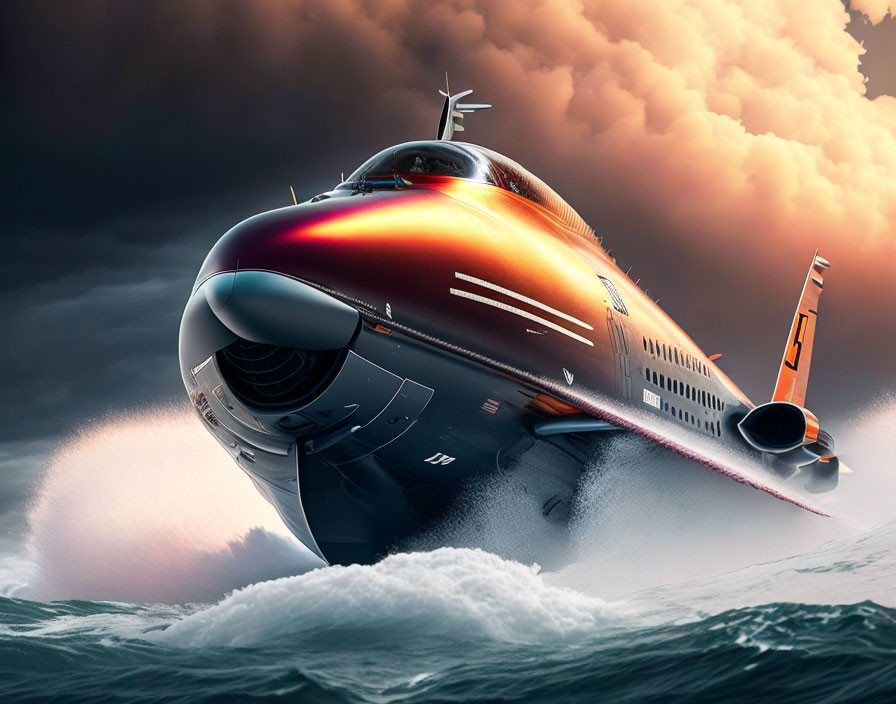 Orange and Black Private Jet Flying Over Ocean Waves in Dramatic Sky