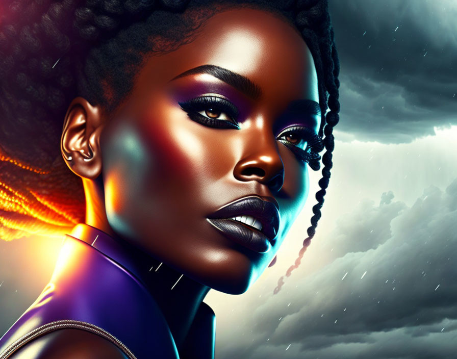 Digital Artwork: Woman with Purple Eyeshadow and Glossy Lips on Dark Skin under Dramatic