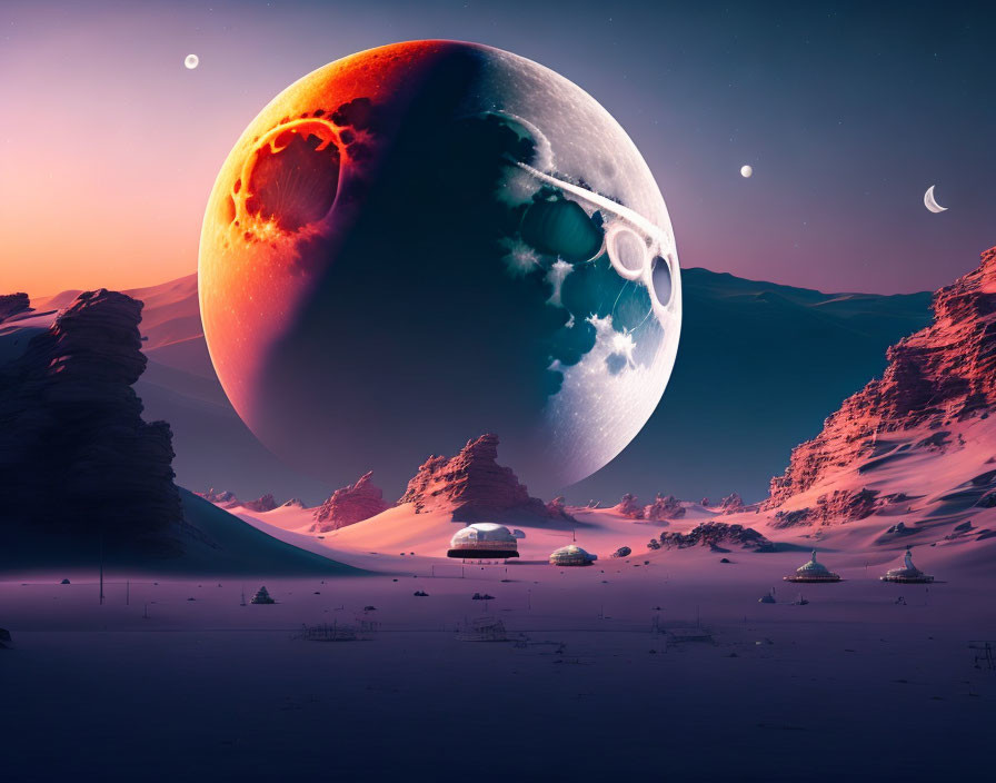 Futuristic sci-fi landscape with massive planet, desert, and celestial sky