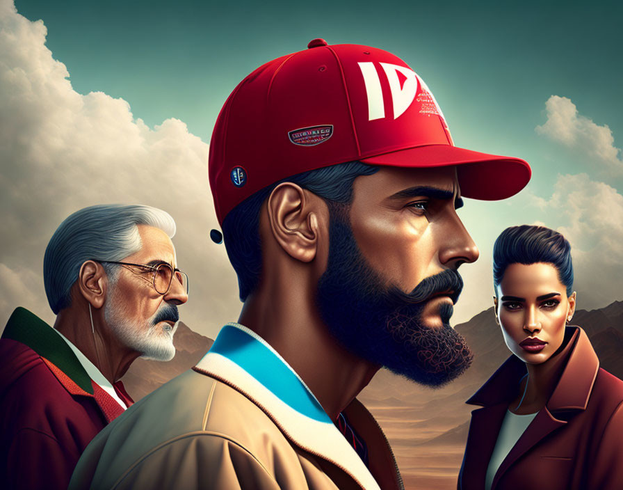 Stylized vintage characters: man in red cap, older man, sharp-featured woman.