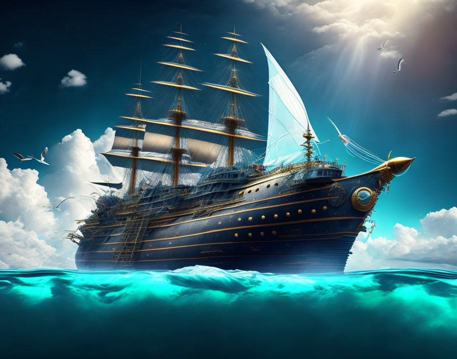 Tall ship with full sails on sunlit ocean with flying seagulls