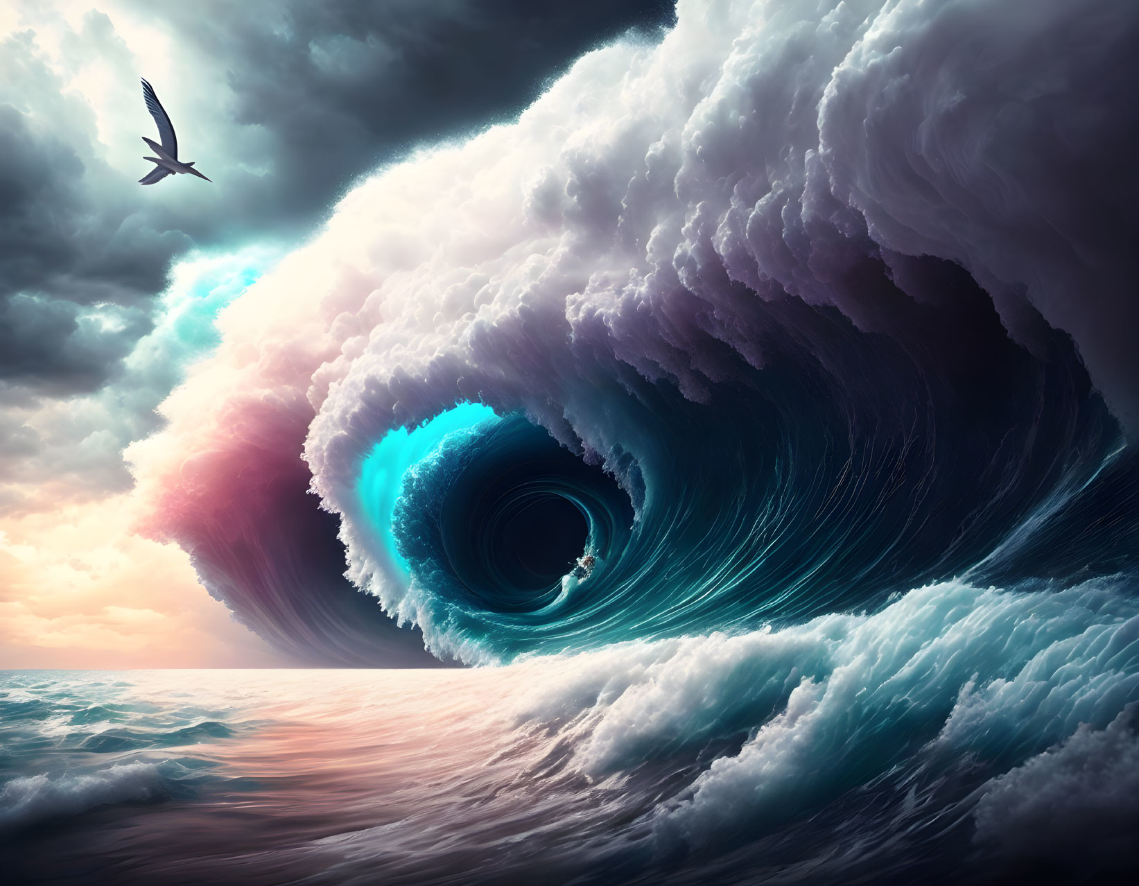 Digital artwork: Massive ocean wave forming dark tunnel under moody sky with solo bird.