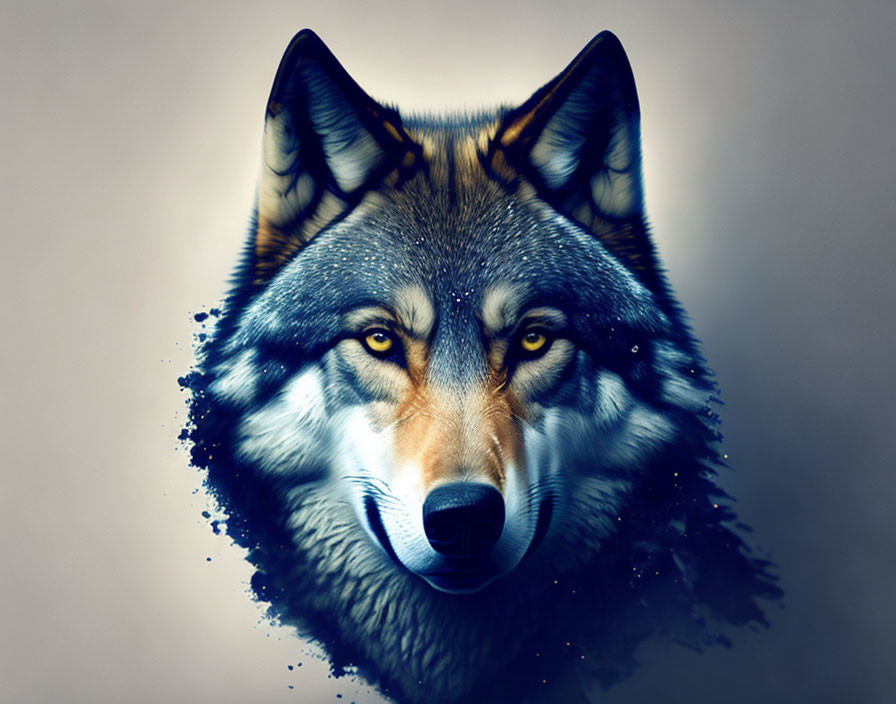 Realistic yet stylized wolf head art with dissolving particles