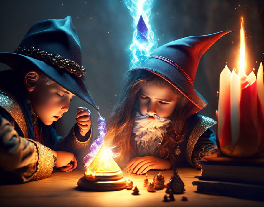 Children in wizard costumes casting spell on magical artifact with glowing lights and electric arc