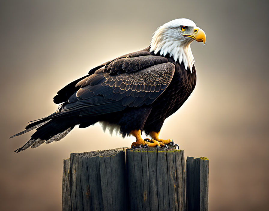 Bald Eagle Perched on Wooden Post in Soft Background