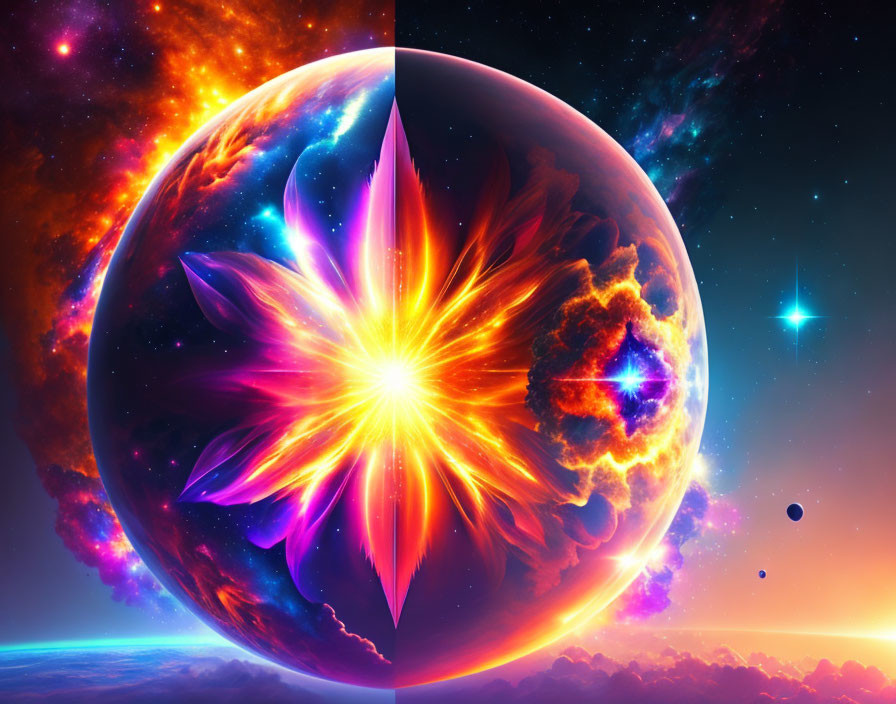 Colorful Cosmic Scene: Digital Artwork of Exploding Star in Celestial Setting