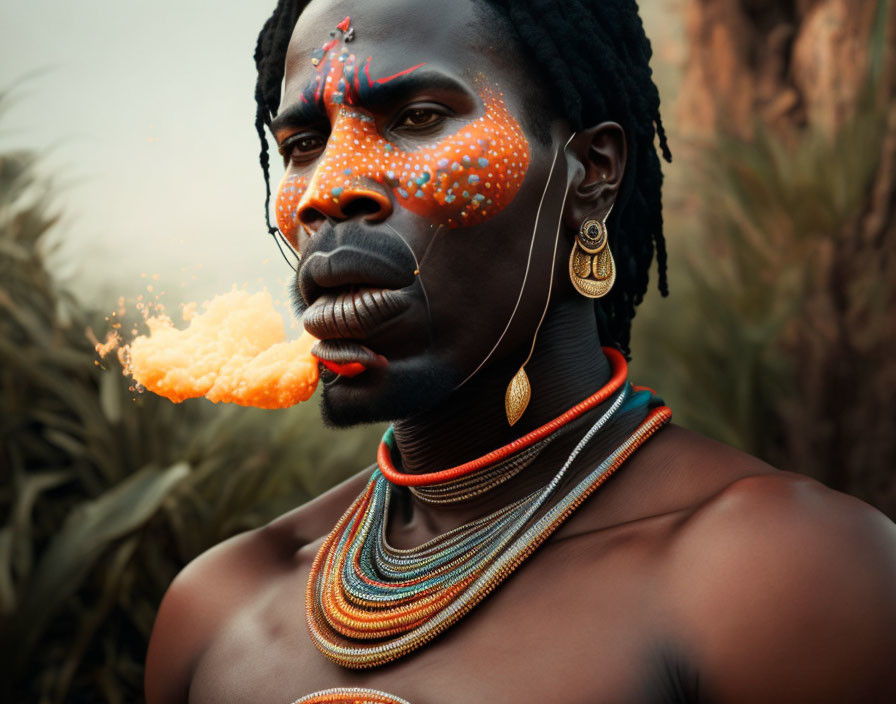 Painted Face with Traditional Jewelry Exhaling Orange Smoke in Foliage