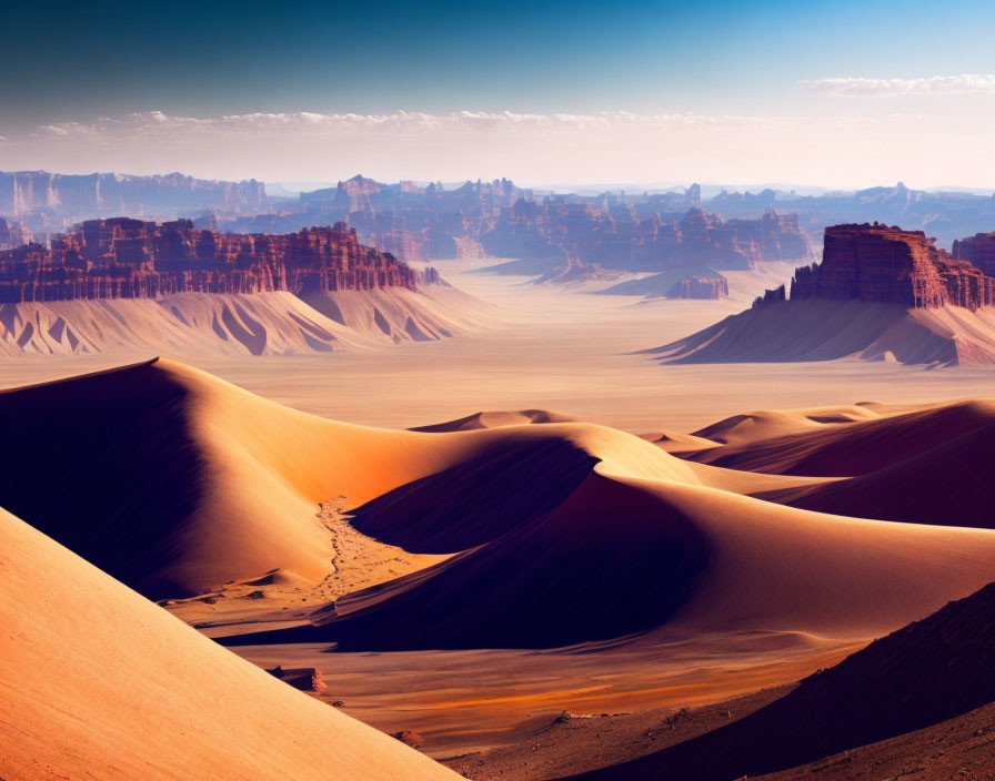 Desert Landscape with Sand Dunes and Mountains