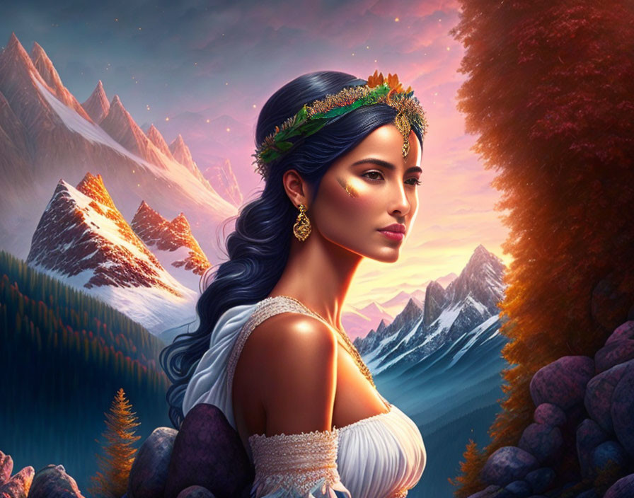 Digital Art Portrait of Woman with Foliage Crown and Mountain Sunset