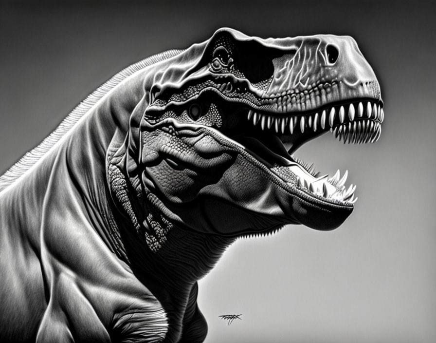 Detailed black and white Tyrannosaurus rex head profile illustration with sharp teeth and textured skin.