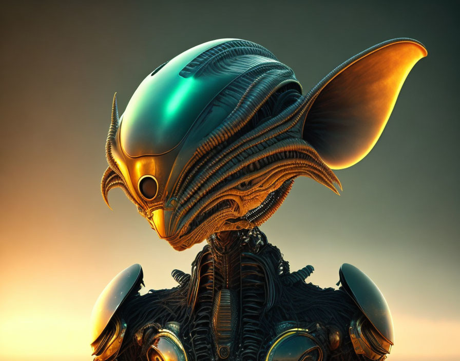 Detailed futuristic robotic head with large fin-like ears on amber background