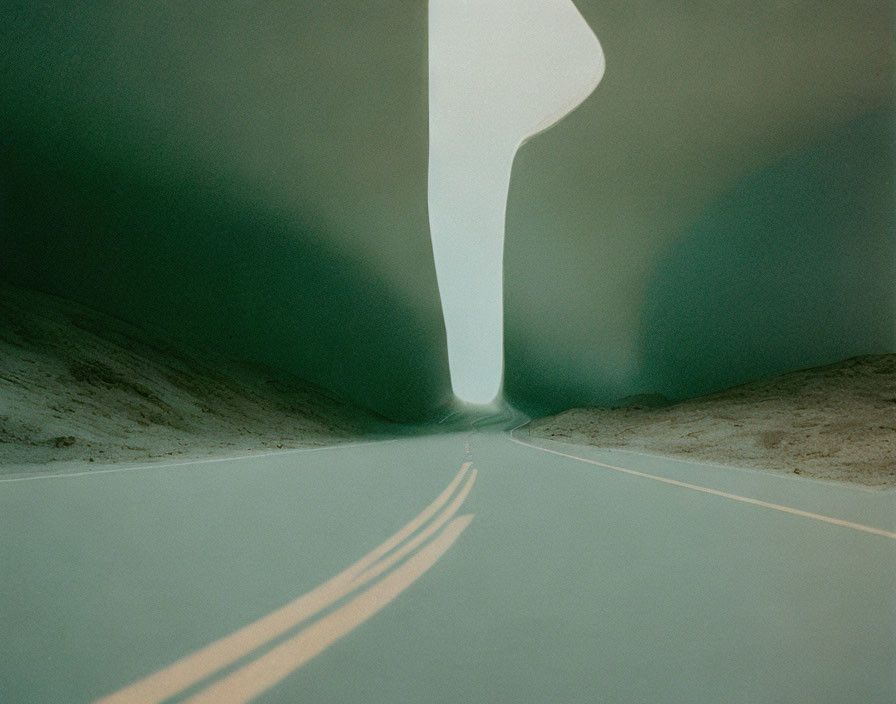 Surreal landscape with road and green hills