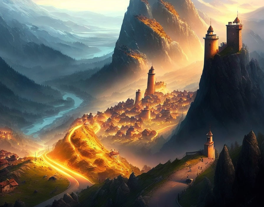 Majestic fantasy landscape with mountains, river, village, and castles