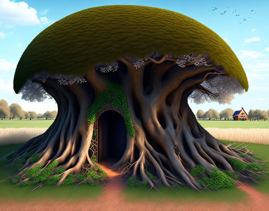 Fantasy tree illustration with whimsical details in serene landscape