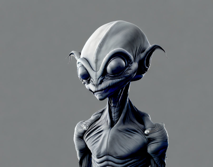 Detailed 3D rendering of a grey alien with large black eyes on grey background