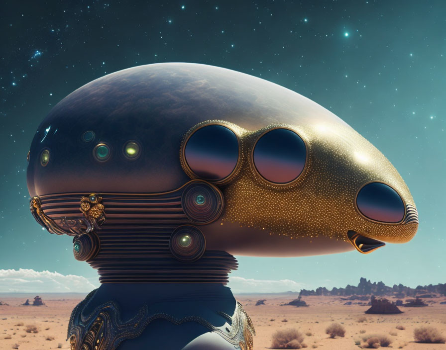 Futuristic robot head with golden textures and optical sensors in desert landscape