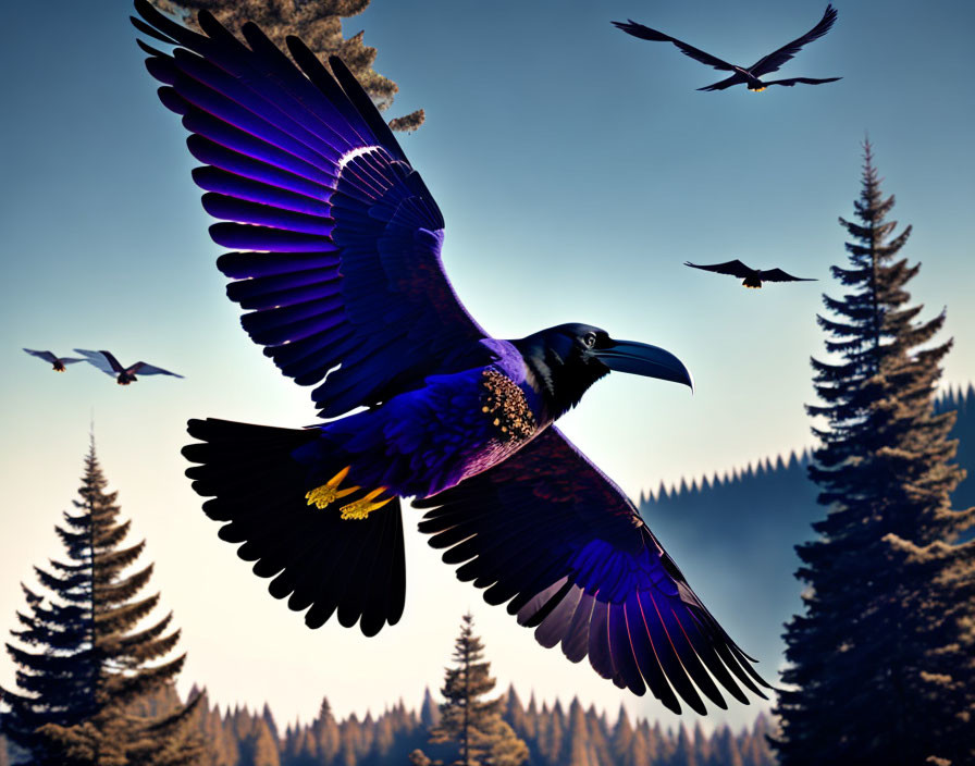 Majestic raven soaring over pine forest at dusk