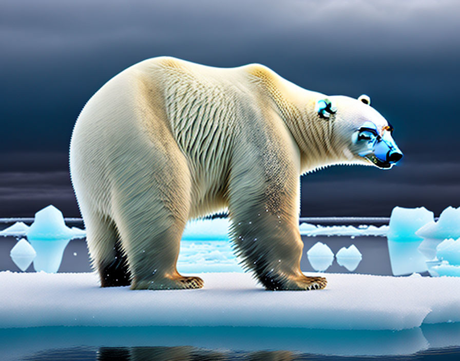 Polar bear on melting ice floe with icebergs and cloudy sky