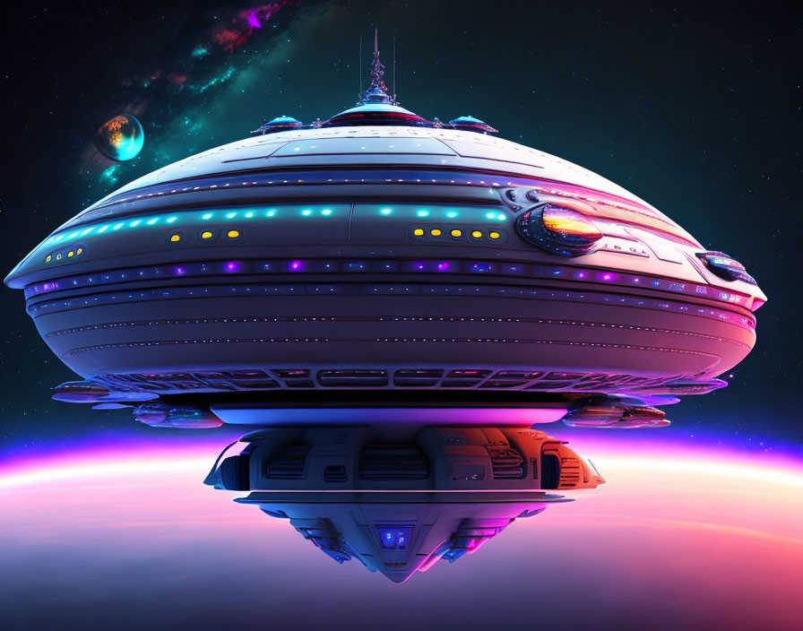 Detailed Spaceship Against Cosmic Backdrop with Glowing Lights