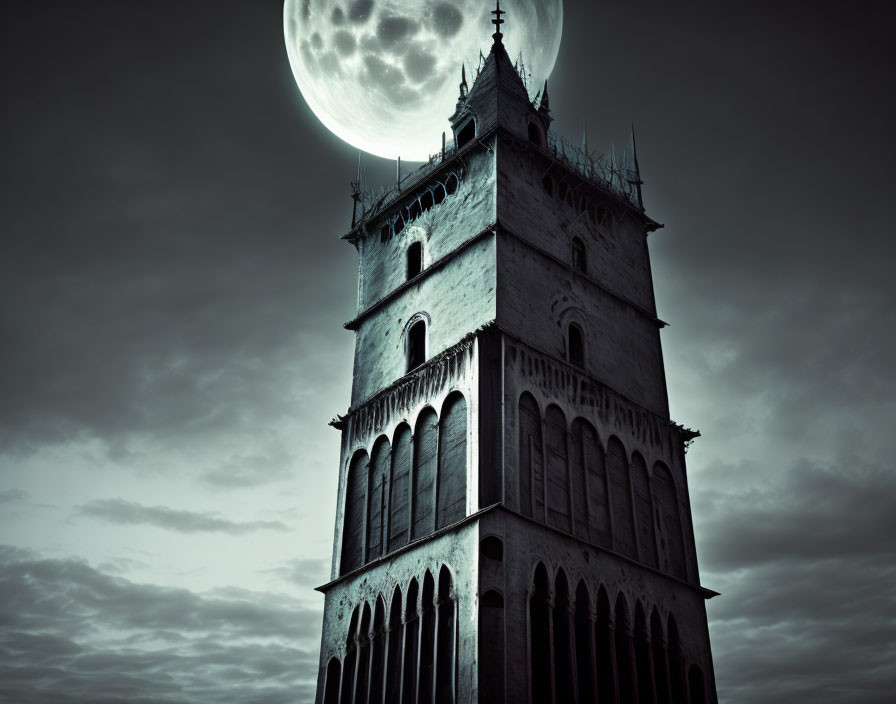 Gothic tower under full moon on a spooky night