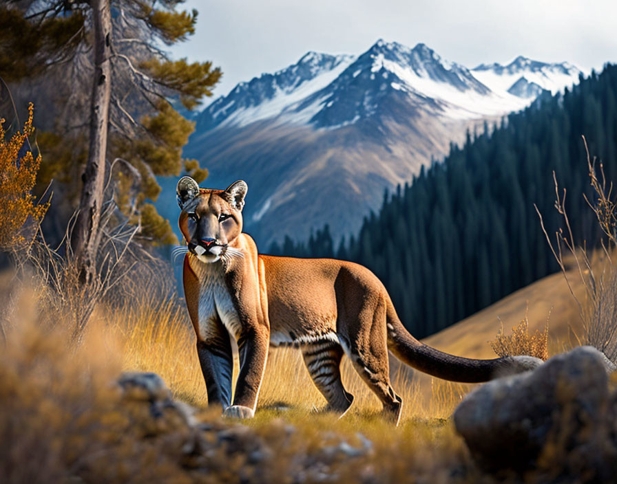 Mountain lion in grassy field with snowy mountains and pine trees.