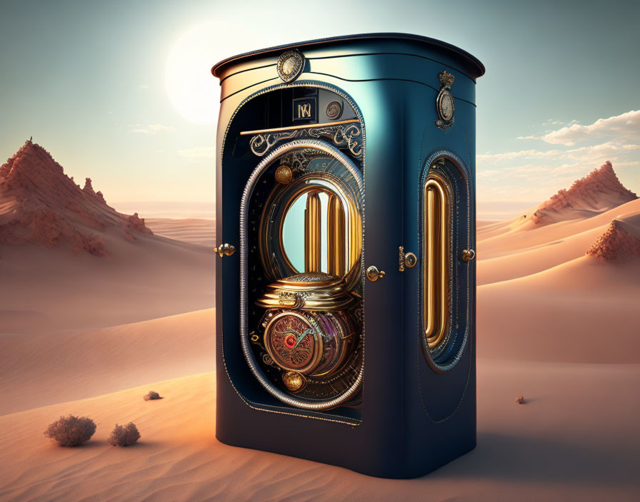 Vintage Blue Jukebox in Desert Landscape with Sand Dunes