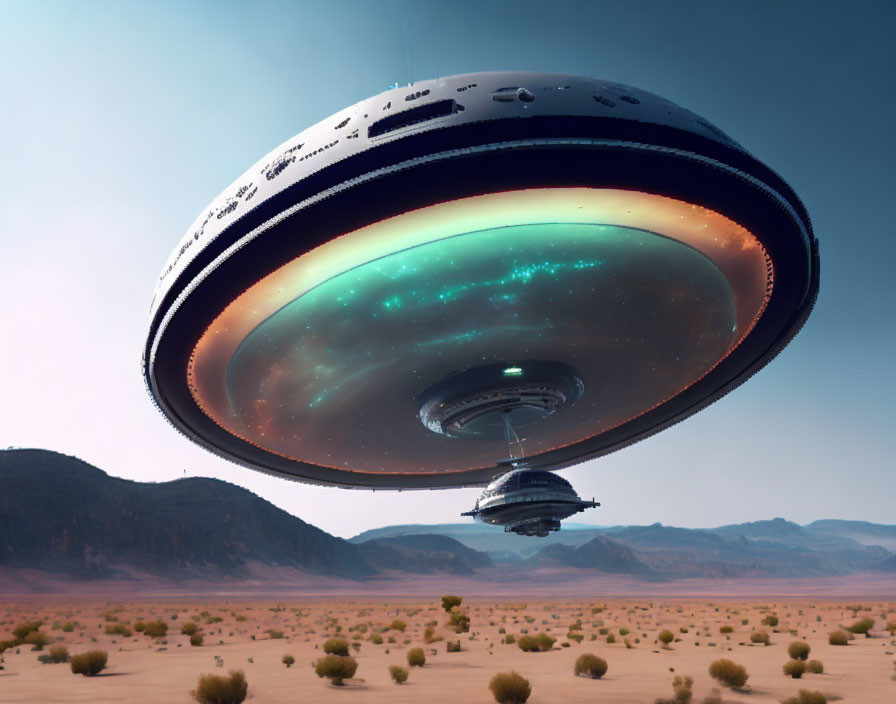 Futuristic UFO hovering over barren desert with smaller ships under dusky sky