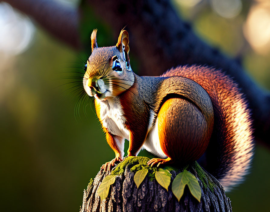 Squirrel on Stump with Arched Tail in Sunlight