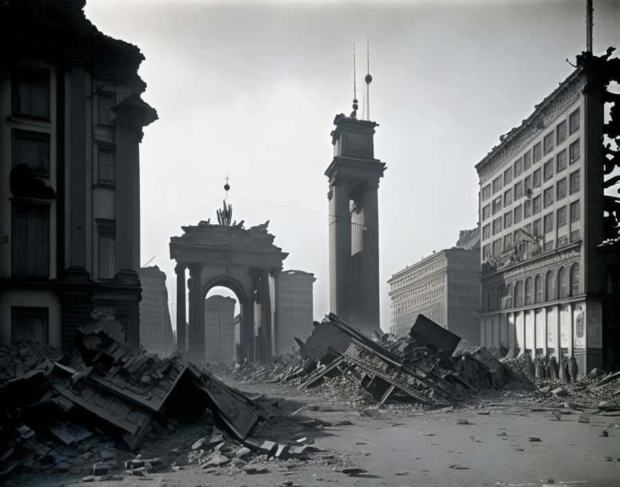 Monochrome image of damaged cityscape with debris and intact triumphal arch