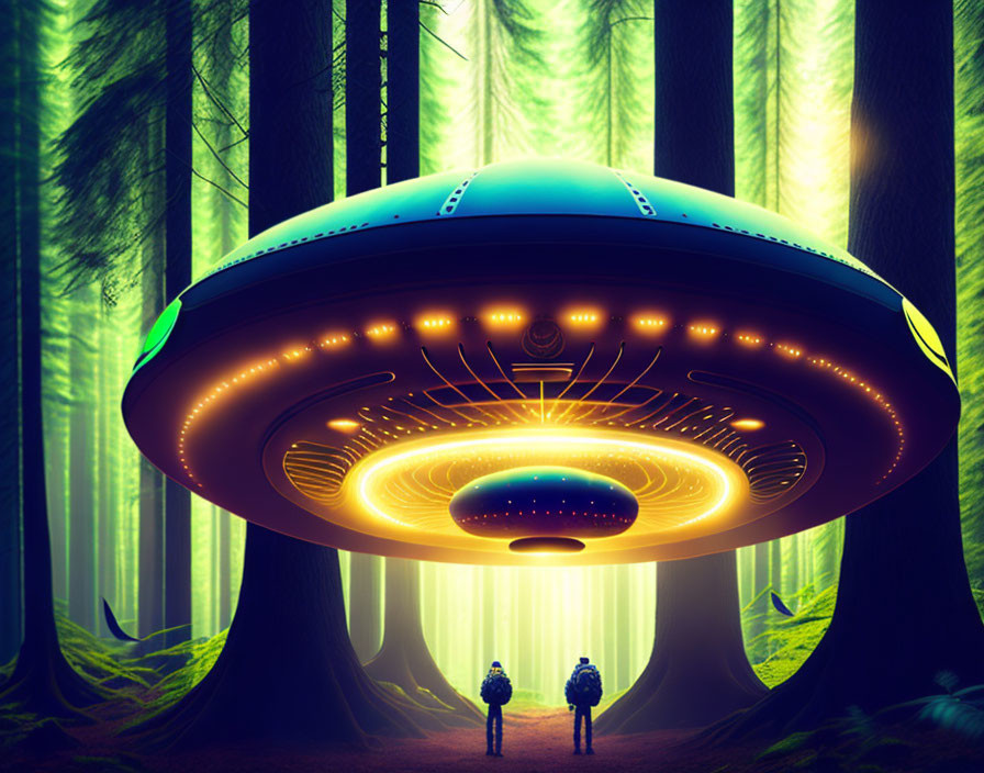 Two astronauts in spacesuits encounter a glowing UFO in a misty forest.