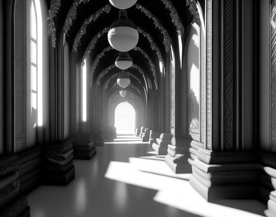 Monochrome Grand Hallway with Arched Windows and Lanterns