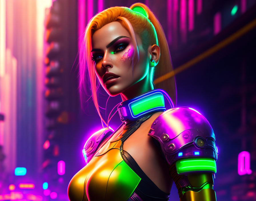 Blonde-haired female in cybernetic armor with neon makeup in futuristic cityscape